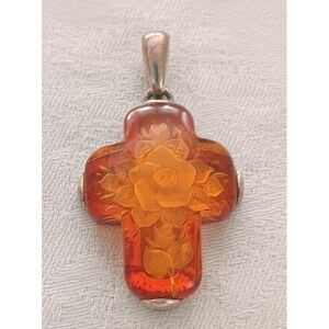 Vintage Poland Baltic Amber Sterling Silver Cross Carved Roses Signed ATI